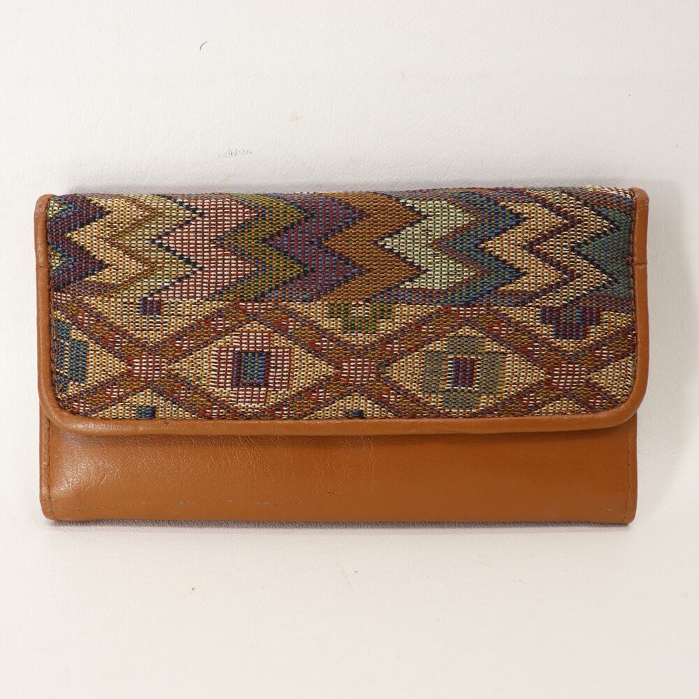 Vtg Southwestern Tapestry Wallet Trifold Clutch Brown Faux Leather ID Checkbook